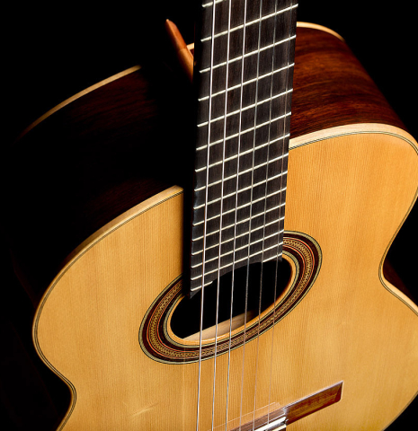 View from the headstock of a 2019 Gabriele Lodi "Esteso" classical guitar made of spruce and Indian rosewood