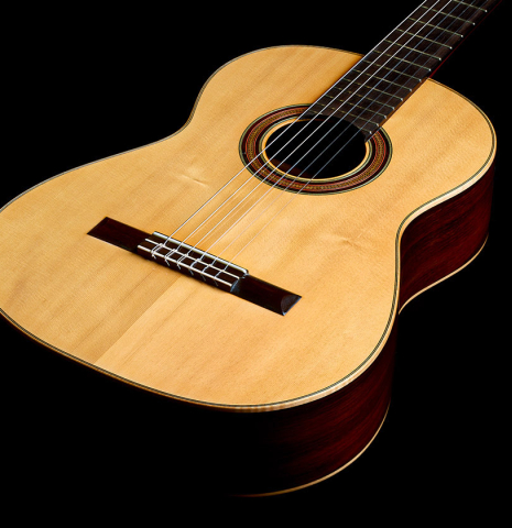 The soundboard and sides of a 2019 Gabriele Lodi "Esteso" classical guitar made of spruce and Indian rosewood