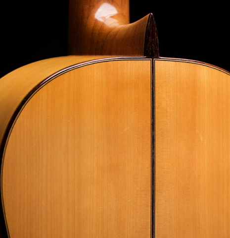 The back and heel of a 1965 Marcelino Lopez classical guitar made of spruce and cypress