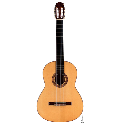 The front of a 1965 Marcelino Lopez classical guitar made of spruce and cypress