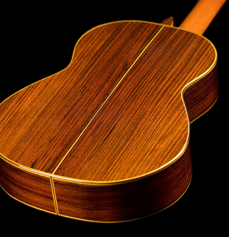 The back and sides of a 2021 Hermanos Sanchis Lopez "Antonio Rey" flamenco guitar made of spruce and Indian rosewood