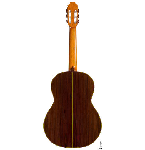 The back of a 2021 Hermanos Sanchis Lopez &quot;Antonio Rey&quot; flamenco guitar made of spruce and Indian rosewood