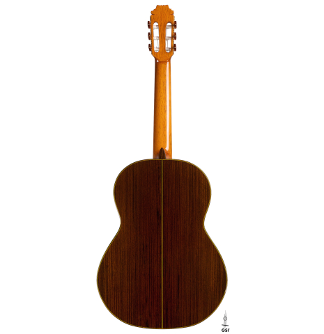 The back of a 2021 Hermanos Sanchis Lopez "Antonio Rey" flamenco guitar made of spruce and Indian rosewood