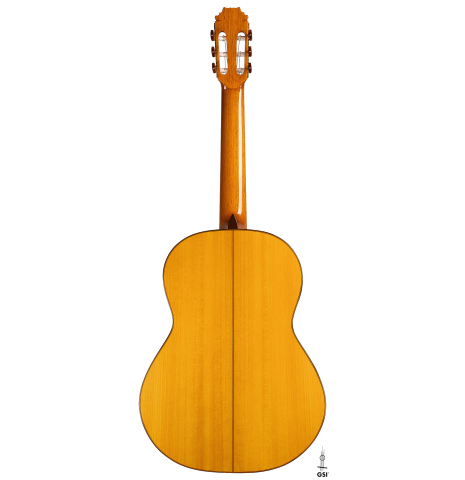The back of a 2022 Hermanos Sanchis Lopez "Antonio Rey" flamenco guitar made with spruce and cypress