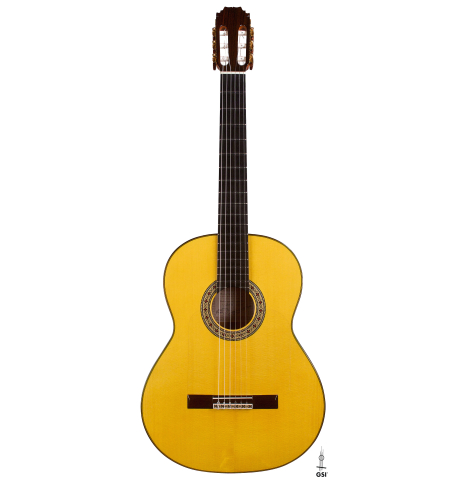 The front of a 2022 Hermanos Sanchis Lopez "Antonio Rey" flamenco guitar made with spruce and cypress