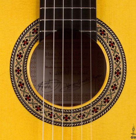 The rosette of a 2022 Hermanos Sanchis Lopez &quot;Antonio Rey&quot; flamenco guitar made with spruce and cypress