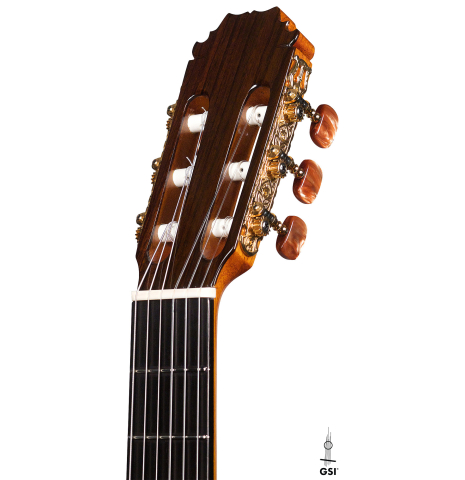 The headstock of a 2022 Hermanos Sanchis Lopez "Antonio Rey" flamenco guitar made with spruce and cypress