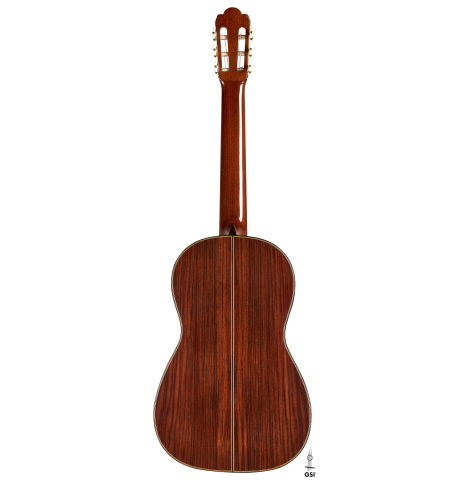 The back of a 2012 Marcelino Lopez "1851 Jose Pernas" classical guitar made of spruce and Indian rosewood