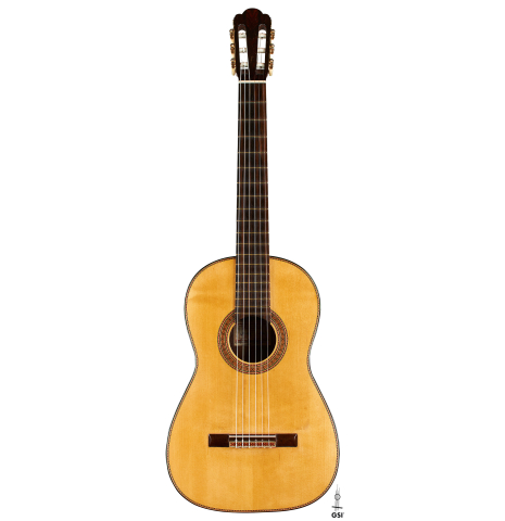 The front of a 2012 Marcelino Lopez "1851 Jose Pernas" classical guitar made of spruce and Indian rosewood