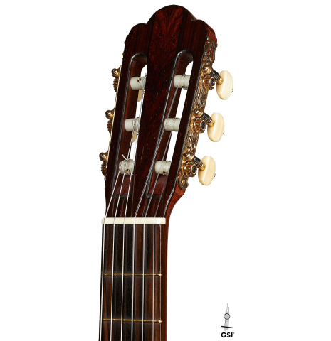 The headstock of a 2012 Marcelino Lopez "1851 Jose Pernas" classical guitar made of spruce and Indian rosewood