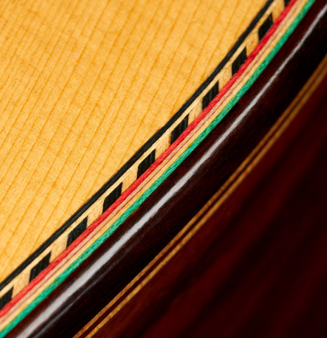 Detail of the top purfling of a 2012 Marcelino Lopez "1851 Jose Pernas" classical guitar made of spruce and Indian rosewood