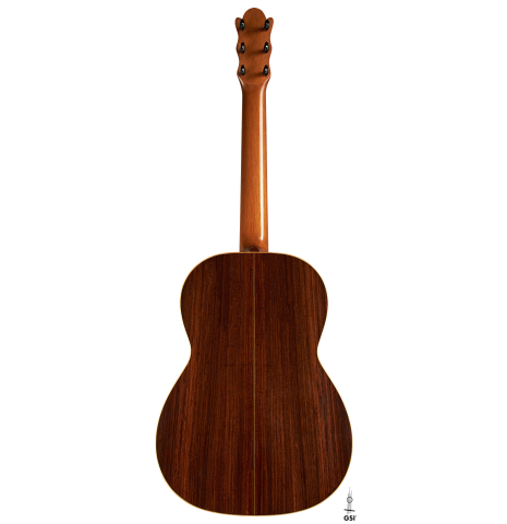 The back of a 1989 Marcelino Lopez "1899 Salvador Ibáñez" classical guitar made of spruce and Indian rosewood