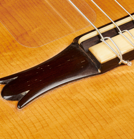 The bridge, tie-block and saddle of a 1989 Marcelino Lopez "1899 Salvador Ibáñez" classical guitar made of spruce and Indian rosewood