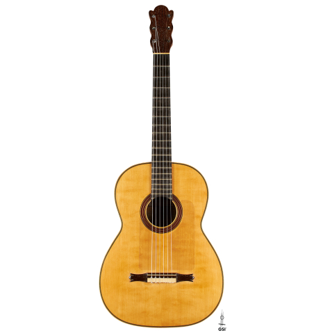 The front of a 1989 Marcelino Lopez "1899 Salvador Ibáñez" classical guitar made of spruce and Indian rosewood