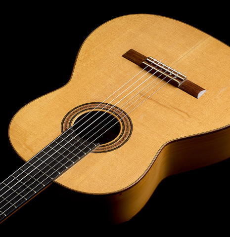 The soundboard and sides of a 1965 Marcelino Lopez classical guitar made of spruce and cypress