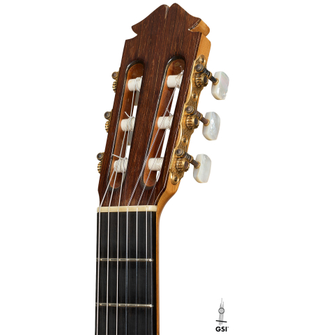 The headstock of a 1965 Marcelino Lopez classical guitar made of spruce and cypress