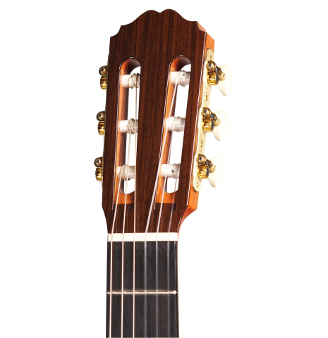 The headstock of a Loriente &quot;Clarita&quot; classical guitar made of spruce and Indian rosewood.
