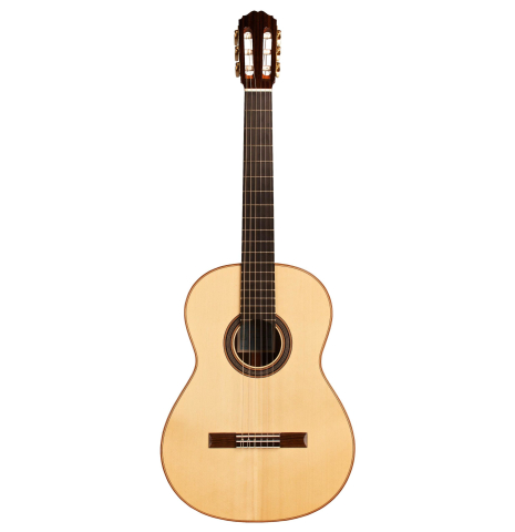 The front of a Loriente &quot;Clarita&quot; classical guitar made of spruce and Indian rosewood.