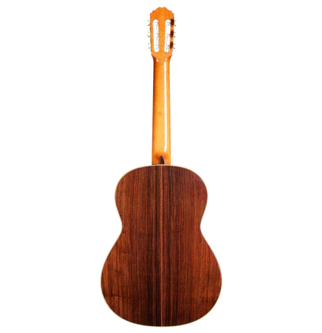 The back of a Loriente &quot;Clarita&quot; classical guitar made of spruce and Indian rosewood.