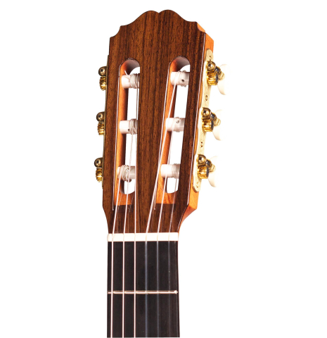 The headstock of a Loriente &quot;Clarita&quot; classical guitar made of cedar and Indian rosewood