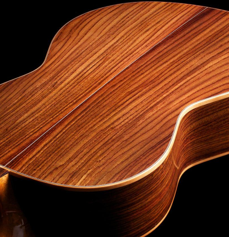 The back of a Loriente &quot;Clarita&quot; classical guitar made of cedar and Indian rosewood