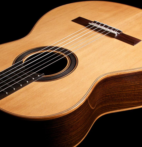The soundboard of a Loriente &quot;Clarita&quot; classical guitar made of cedar and Indian rosewood