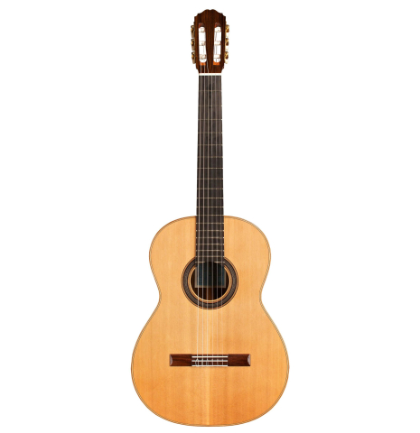 The front of a Loriente &quot;Clarita&quot; classical guitar made of cedar and Indian rosewood