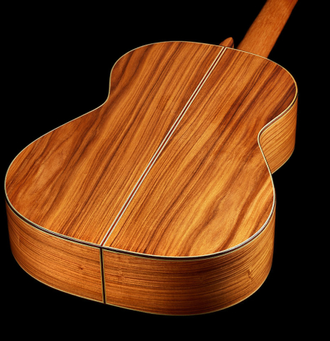 The back and sides of a Loriente "Isabel" classical guitar made pf spruce and pau ferro