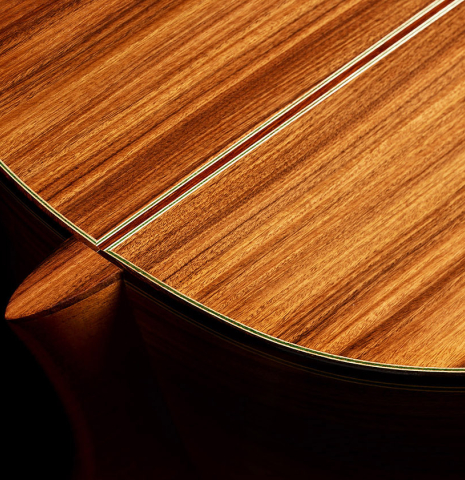 The heel, back binding and purflings of a Loriente "Isabel" classical guitar made pf spruce and pau ferro
