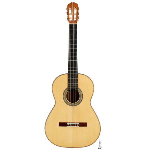 The front of a Loriente "Isabel" classical guitar made pf spruce and pau ferro