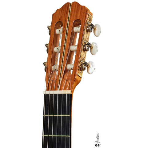The headstock of a Loriente "Isabel" classical guitar made pf spruce and pau ferro