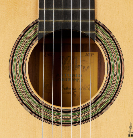 The rosette of a Loriente "Isabel" classical guitar made pf spruce and pau ferro