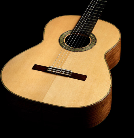 The soundboard of a Loriente "Isabel" classical guitar made pf spruce and pau ferro