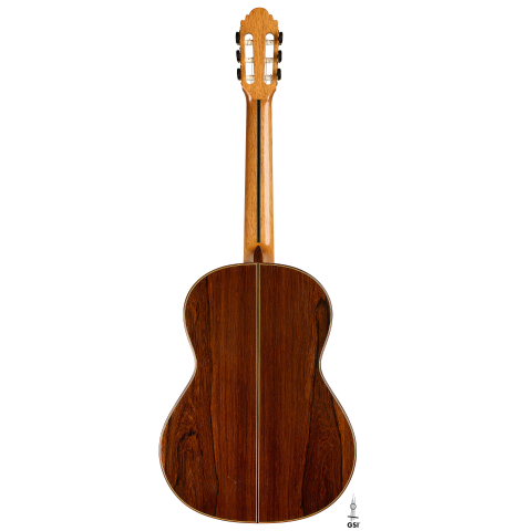 The back of a 2009 Casimiro Lozano classical guitar made of spruce and African rosewood
