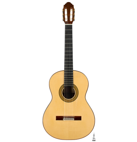 The front of a 2009 Casimiro Lozano classical guitar made of spruce and African rosewood