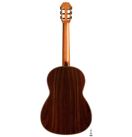 The back of a 2021 Lucas Martin classical guitar made with spruce and Indian rosewood
