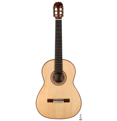 The front of a 2021 Lucas Martin classical guitar made with spruce and Indian rosewood