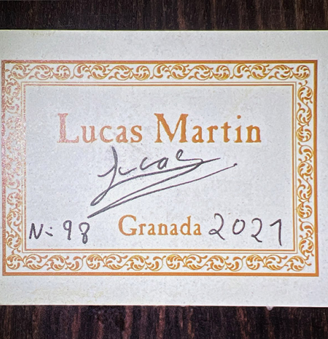 The label of a 2021 Lucas Martin classical guitar made with spruce and Indian rosewood