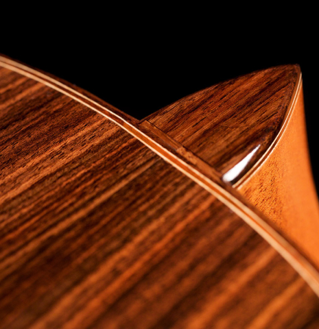 The heel of a 2021 Lucas Martin classical guitar made with spruce and Indian rosewood