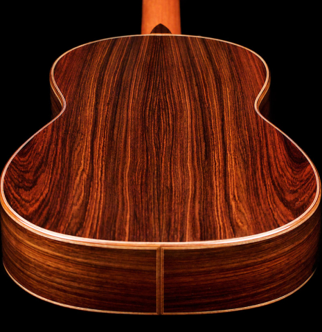 The back and sides of a 2021 Lucas Martin classical guitar made with spruce and Indian rosewood