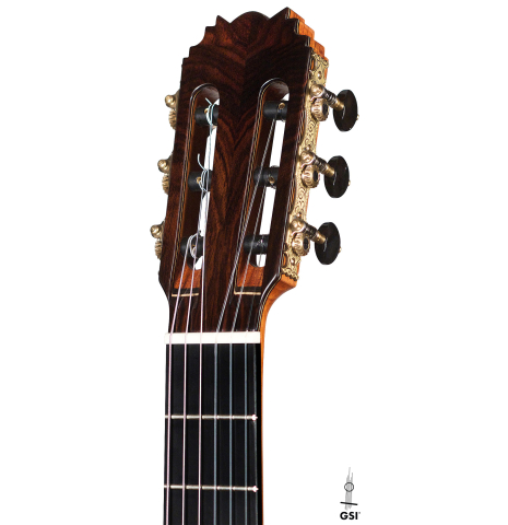 The headstock of a 2021 Lucas Martin classical guitar made with spruce and Indian rosewood