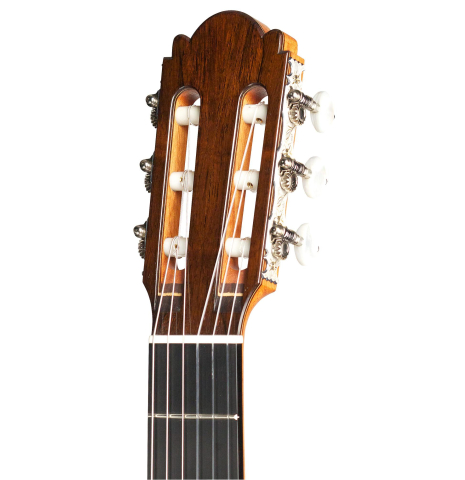 The headstock of a 2012 Bernd Martin classical guitar made of spruce and CSA rosewood