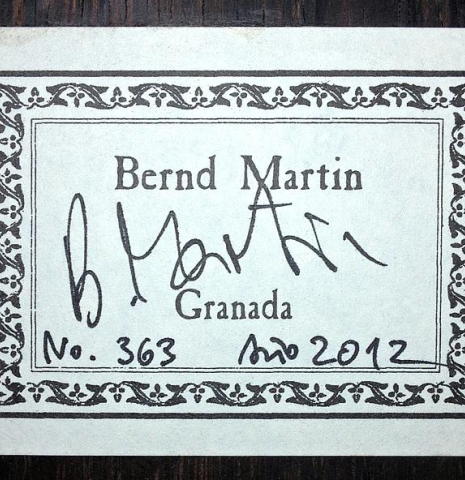 The label of a 2012 Bernd Martin classical guitar made of spruce and CSA rosewood