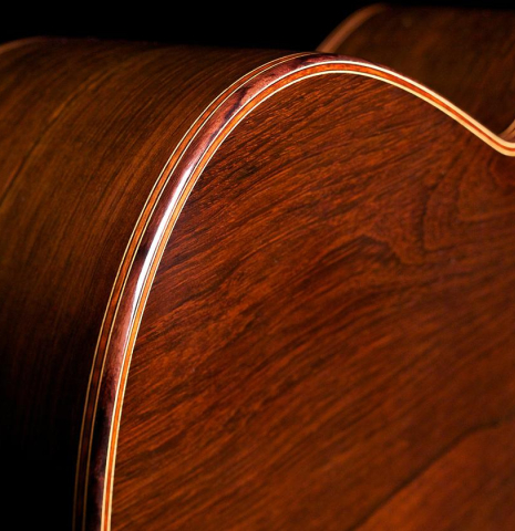 The back, sides, binding and purfling of a 2012 Bernd Martin classical guitar made of spruce and CSA rosewood