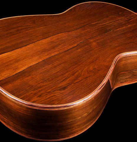 The back and sides of a 2012 Bernd Martin classical guitar made of spruce and CSA rosewood