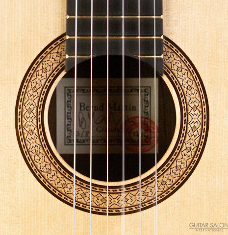 The rosette of a 2016 Bernd Martin "40th Anniversary" classical guitar made of spruce and CSA rosewood