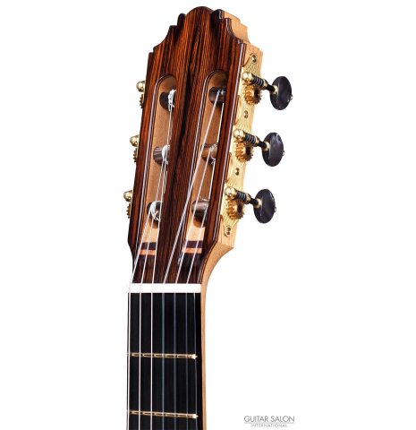The headstock of a 2016 Bernd Martin "40th Anniversary" classical guitar made of spruce and CSA rosewood