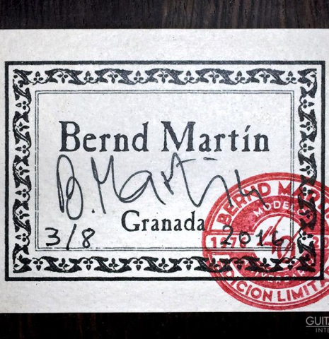 The label of a 2016 Bernd Martin "40th Anniversary" classical guitar made of spruce and CSA rosewood