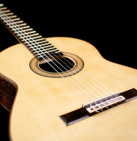 The soundboard of a 2016 Bernd Martin "40th Anniversary" classical guitar made of spruce and CSA rosewood