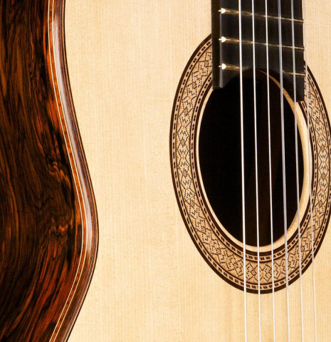 The top and rosette of a 2016 Bernd Martin "40th Anniversary" classical guitar made of spruce and CSA rosewood